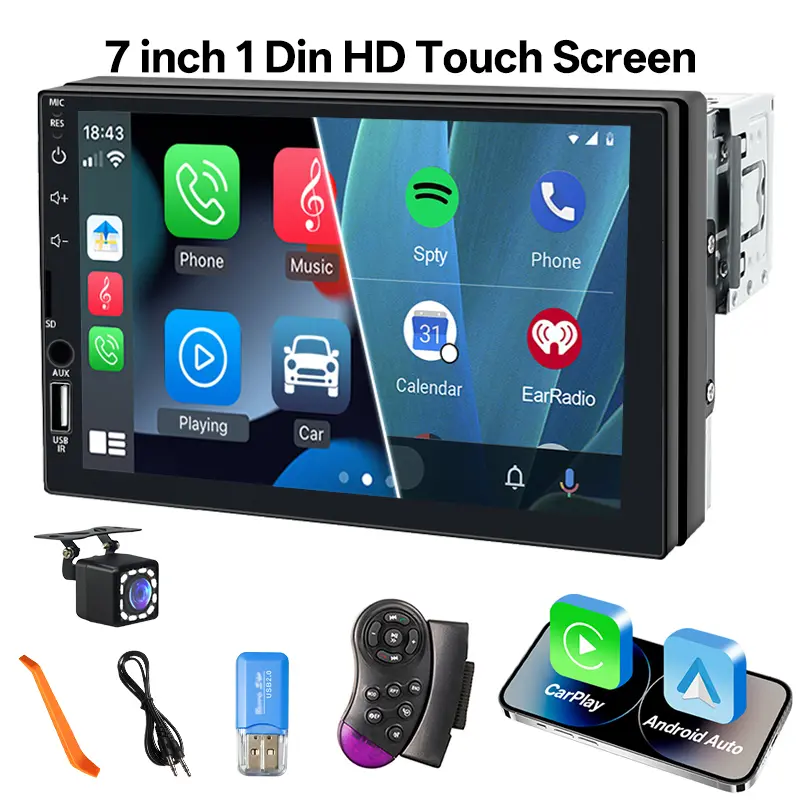 7 inch 1 Din Car Stereo with CarPlay & Android Auto, HD Touch Screen Car Radio, Bluetooth5.0 MP5 Player, Support Backup Camera, Universal In-Dash Car Audio Receiver