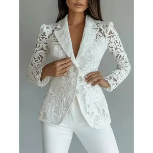 Elegant Women's Lace Blazer Jacket, Semi-Transparent Patchwork Design, Stylish Office Wear, Perfect for Business & Casual Occasions
