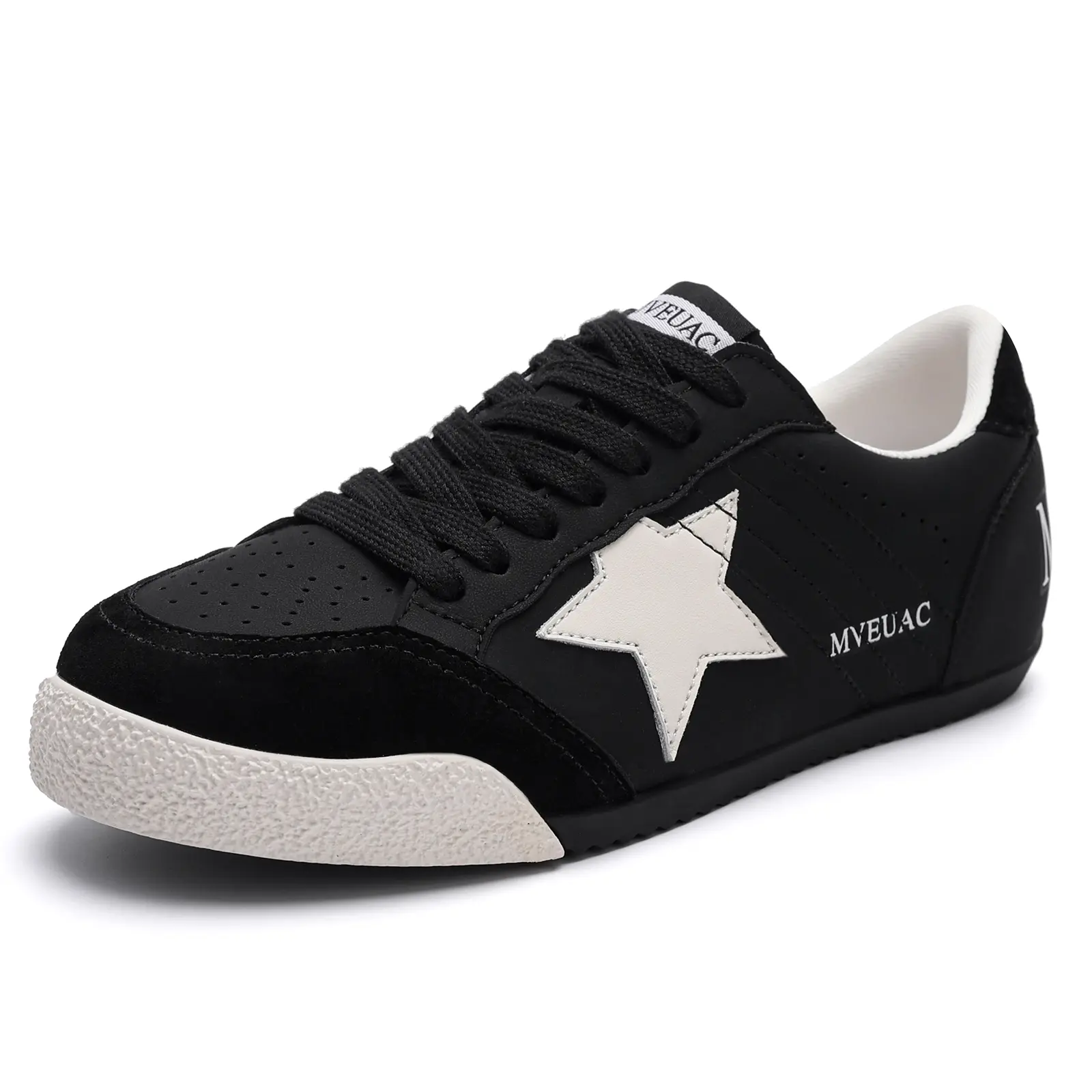 MVEUAC Women's Star Print Casual Trainers - Closed Toe, Leather Blend, Cushioned, Lightweight Lace-Up Low Top Flat Shoes for Walking, Working, Travel White