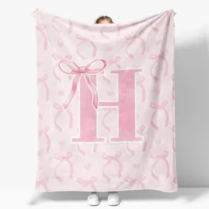 Pink Bow Multi-Size Digital Print Knitted Flannel Throw Blanket - Custom A-Z Initial Monogrammed Gift for Women, Teen Girl Gifts, Decorative for Bedroom & Couch