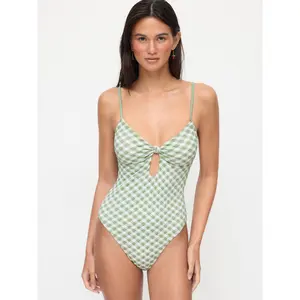 Cider Shaping Sweetheart Gingham Knotted Front High Stretch One-piece Swimsuit