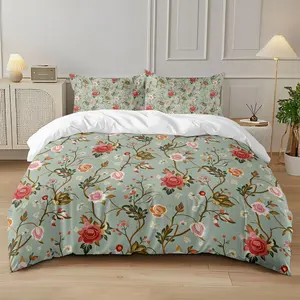 3-piece quilt cover set (1 quilt cover +2 pillowcases, coreless) Vintage mint green quilt cover with flowers French pastoral style colorful flower print soft and comfortable bedding, suitable for all rooms, Floral Bedding Set