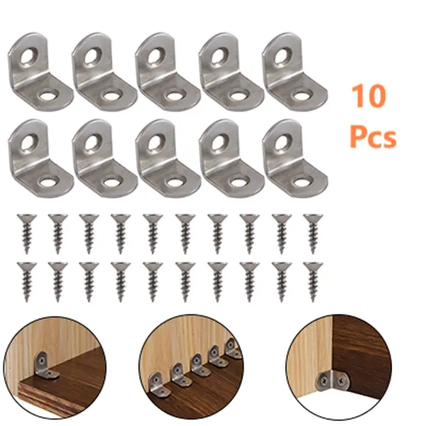 10 Pcs Thickened Metal 90° Right-Angle L Brackets (20x20mm Stainless Steel Sturdy Braces) with 20 Pcs Small Screws, Chair Leg & Wood Furniture Corner Supports for Cupboards, Bookshelves