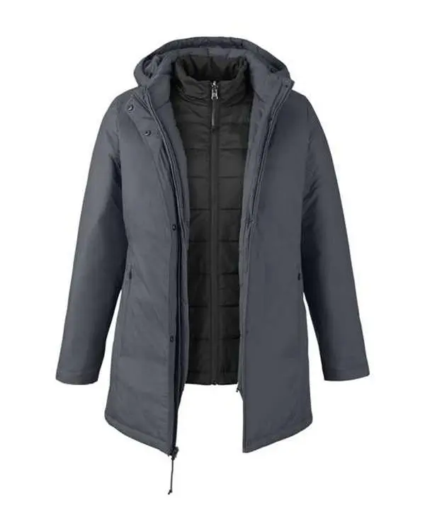 Women's Fitted 3-in-1 Insulated Liner Jacket - Hooded Long Sleeve, Adjustable Strap, Plain Casual, Polyester-Nylon, Waterproof, Water Resistant, Windproof, Pocket, Zipper, Chin Guard, Hidden Metal Snaps, Matching Basics, Outdoor Hiking Outerwear, Camping&