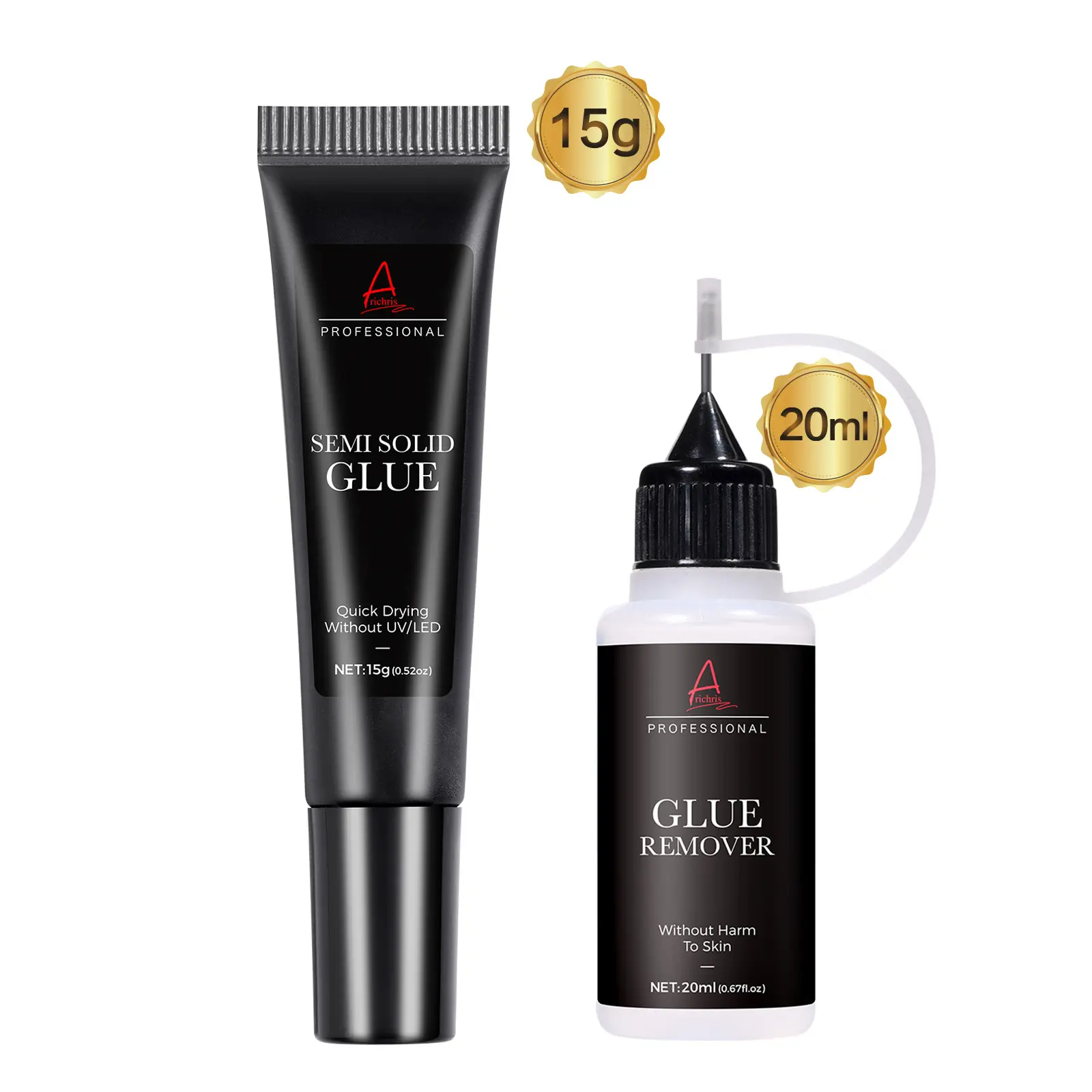 Arichris Newly Upgraded Quick Drying 15g Semi Solid Nail Glue with 20ml Remover for Press On Nails Tips No Need for UV Lamp Long Lasting Fake Acrylic Nails Kit Glue Gel