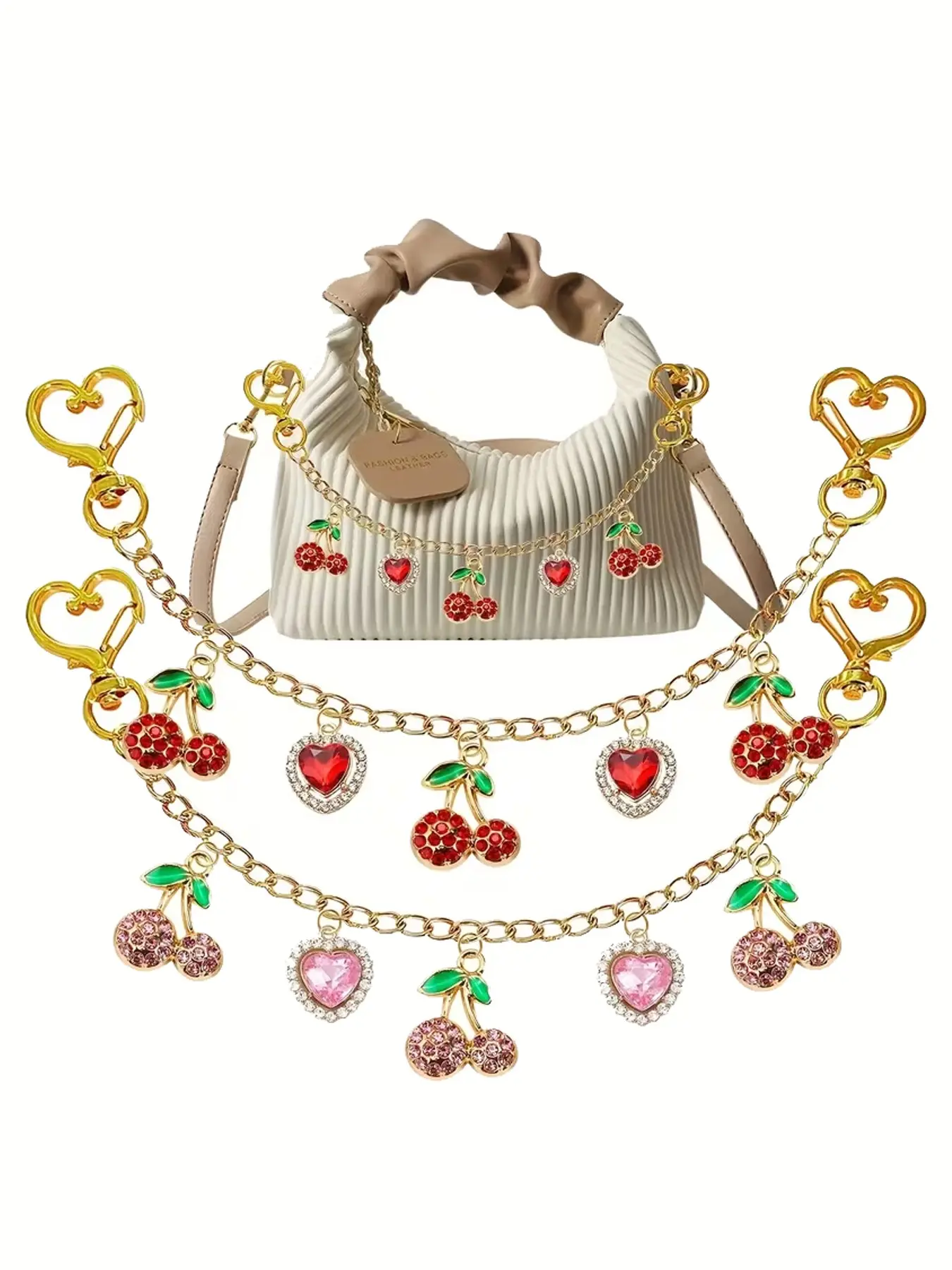 Sweet Cool Cherry Heart Necklace Golden Chain With Cherry Heart Pendants, Sweet Spicy Style Accessory, Fashion Modern Accessories, Can Be Used As A Chain For Pants, Perfect For Trendy Outfits, Dates, Bling Chain