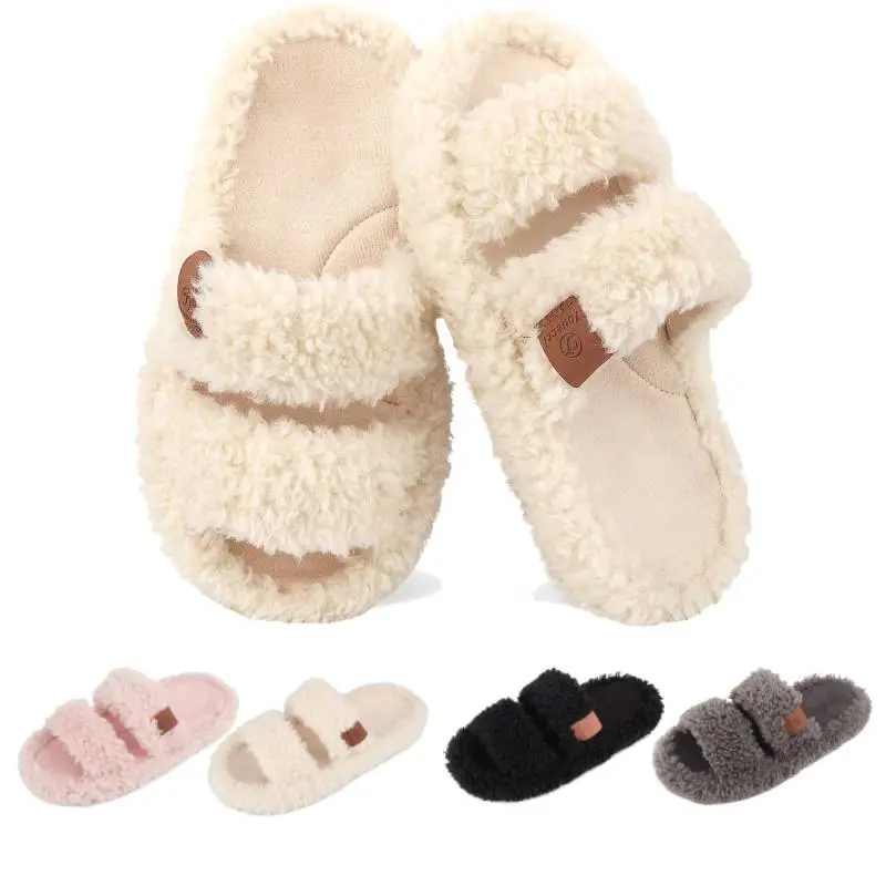 SANPON Women's 2 Strap Plush Slippers, Lightweight Casual Open Round Toe Footwear with Arch Support & Anti-Slip Sole, Slippers For Women, Anti-Slip Rubber