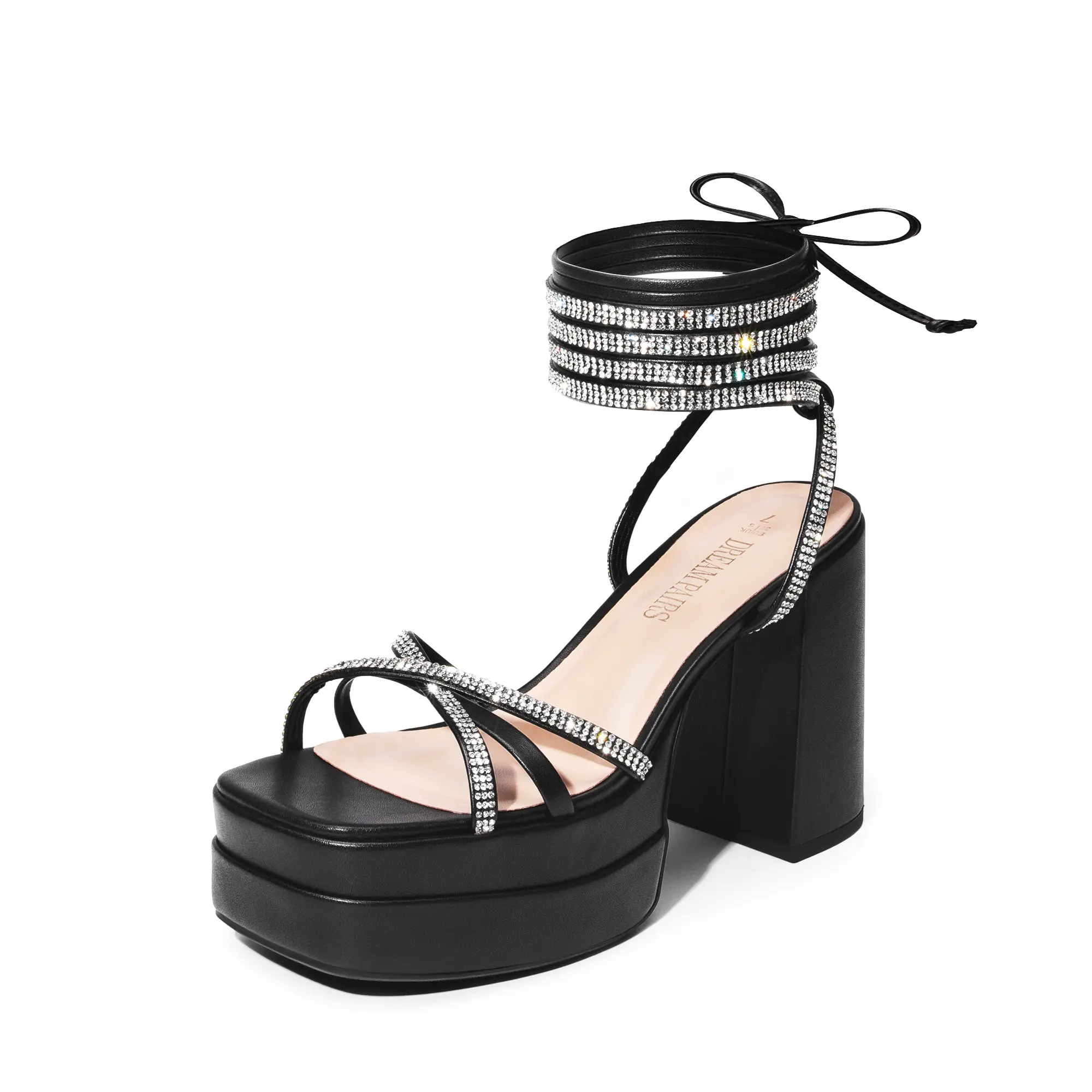 Dream Pairs Women's Classy Rhinestone High Heel Sandals, Sparkly Lace-Up Platform with a Square Toe and Chunky Block Heel, High Heels