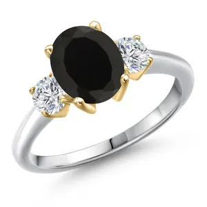 10K Two Tone Gold Black Onyx and Lab Grown Diamond 3-Stone Engagement Ring For Women | 2.54 Cttw | Oval 9X7MM | Gemstone December Birthstone