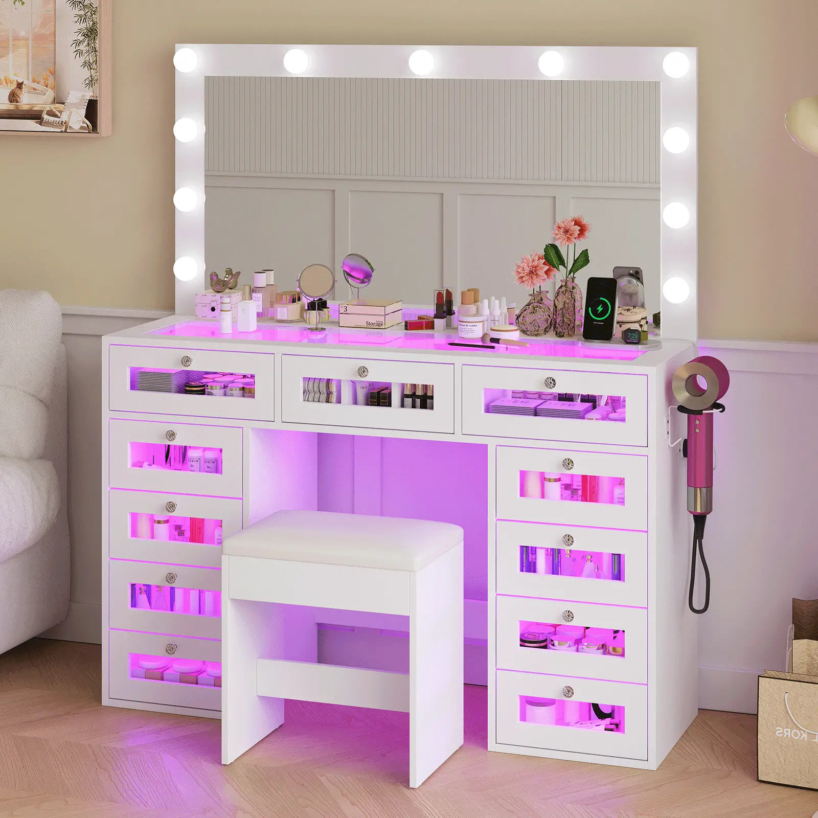 Vanity Desk with Makeup Mirror, featuring 11 LED lights with 3 adjustable brightness settings, ideal for bedrooms and walk-in closets; white vanity furniture,dorm essentials,home decor
