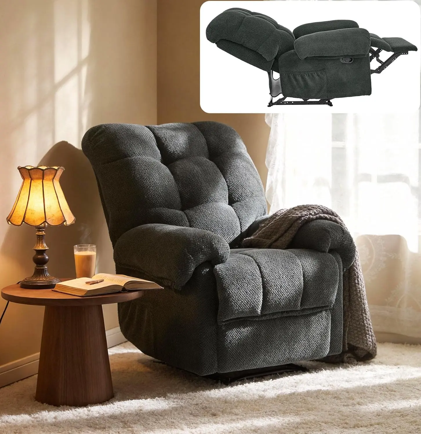 YAOSHANSHAN Overstuffed Manual Recline Recliner Chair - Home Decor Reading Lounge Chair, 38.60x36.20x40.00 in Compact Fabric-Metal Ergonomic Armchair with Adjustable Back, Footrest for Small Spaces Home Theater Seating (Dark Gray)