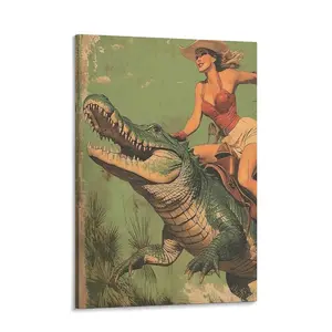 Haitunone Vintage Southern Wall Art – Fun and Unique Animal Poster featuring a woman riding an alligator; canvas print suitable for country living room wall decor; available in 5 sizes