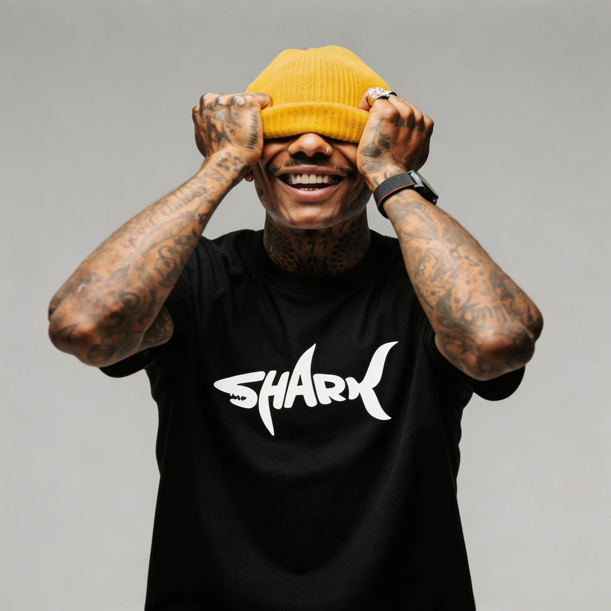 Minimal shark-themed T-shirt with styled text print; plain solid color base; breathable lightweight cotton; casual everyday wear; unisex short sleeves; crew neck top; simple marine theme fashion outfit; suitable for all seasons; two color options.