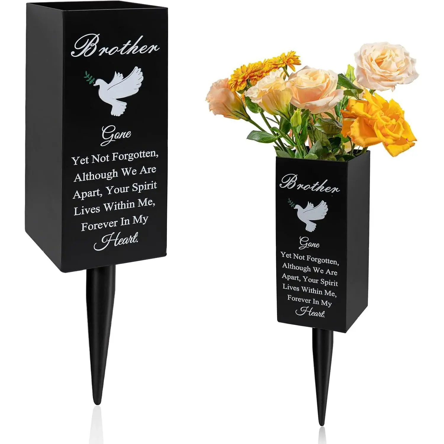 Brother Metal Cemetery Vases with Stake - Elegant Floral Garden Ornaments, Decorative Grave Memorial Markers, Outdoor Yard Decor Supplies