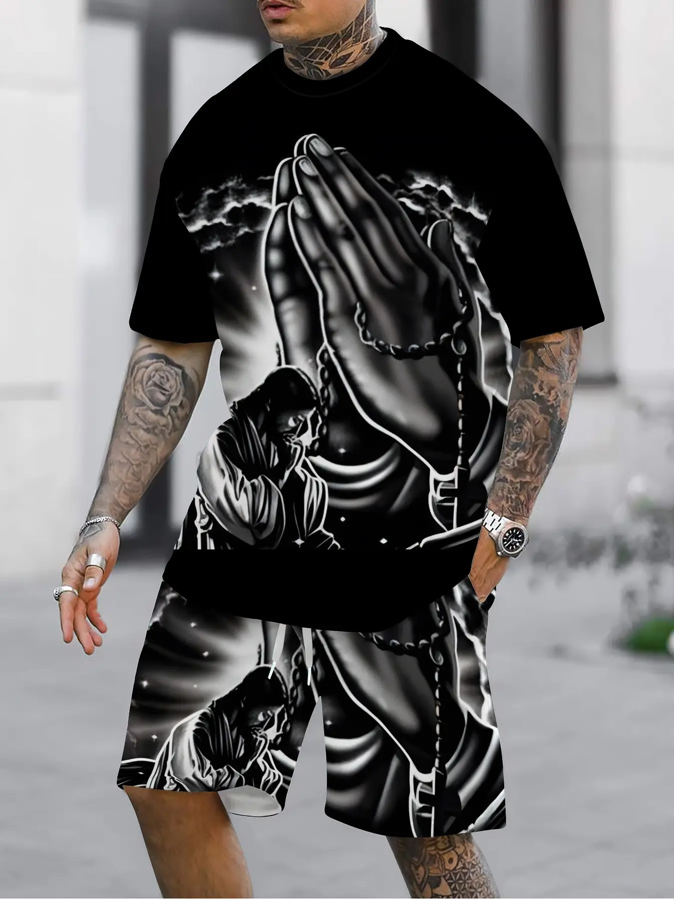 Men's Jesus Print Two-Piece Set, Round Neck Short Sleeve T-Shirt & Drawstring Shorts, Breathable Summer Streetwear, Casual Outdoor Clothing