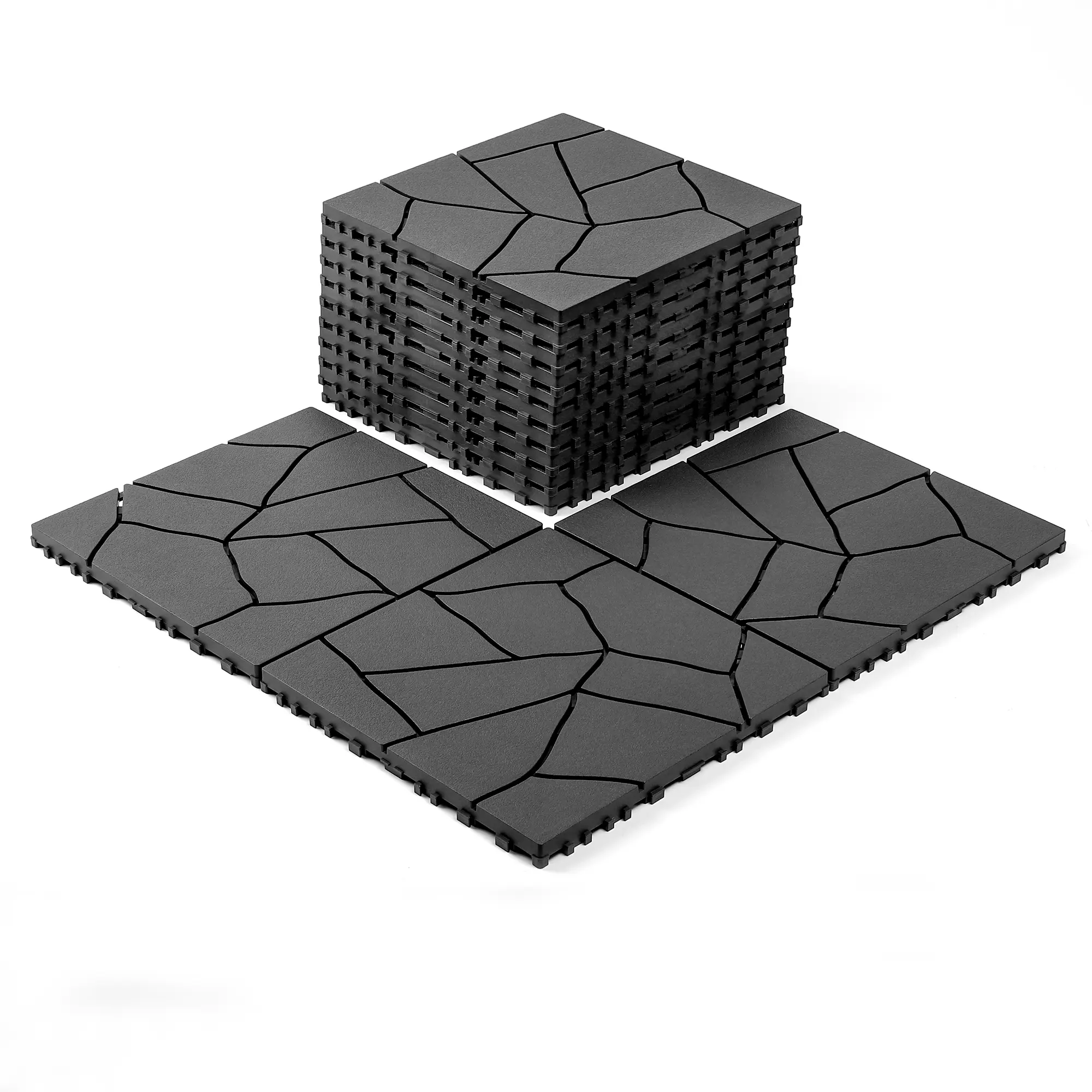 12x12 in HDPE Plastic Interlocking Decking Tiles (44-Pack) - All-Weather, Waterproof, Dark Grey Foam Marble Faux Stone Click-Parquet, Frameless WPC Pool & Backyard Flooring