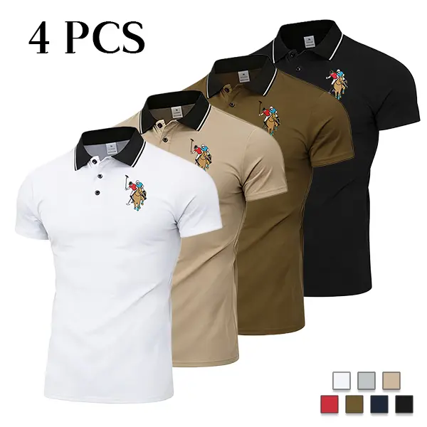 Men’s Casual Polo Shirt Set of Four – Slim Fit Polo with Equestrian Logo, Street & Office Dual Use