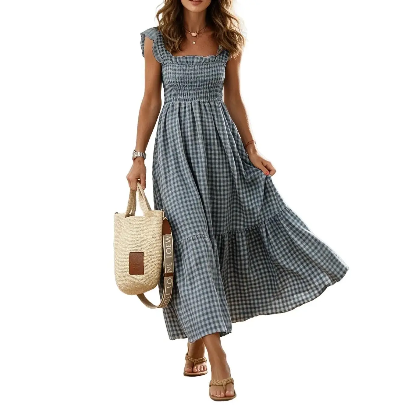 Women's Retro Gingham Smocked Square Neck Spaghetti Strap Ruffle Long Dress - Ladies' Elegant Streetwear Style Trend Piece for Beach Vacation, Casual, High Waist, Fashion, Fabric, Sleeveless, Chic, Romantic Flowy Casual Dresses, Red And White Gingham Casu