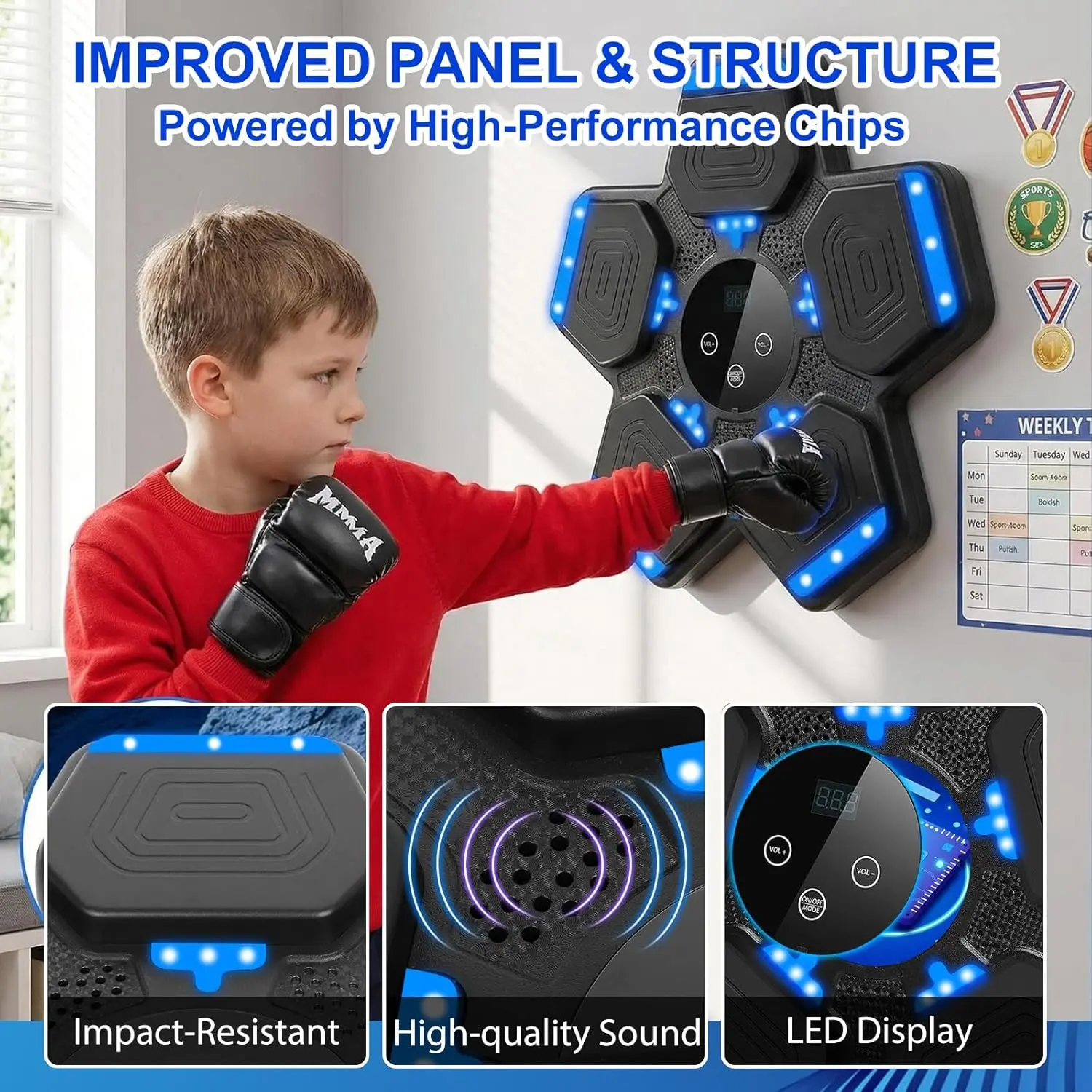 Wall-Mounted Smart Music Boxing Game Set for Kids (6-12 Years Old), Plastic Punching Pad with LED Display & Bluetooth, Boxing Gloves, Indoor Martial Arts Fitness Gear, Boxing & Martial Arts Wall-Mounted Music Boxing Game Set