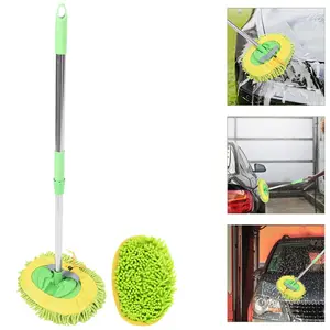 42.5" Adjustable Length Car Wash Brush Mop Cleaning Tool with Long Handle Kit for Washing Detailing Cars Truck, SUV, RV, Trailer, Boat 2 in 1 Chenille Microfiber Sponge Duster Not Hurt Paint Scratch Free