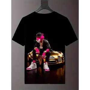 Men'S 3D Digital Print Hip-Hop Cool T-Shirt - Pink Panther Design, Breathable Summer Tee for Travel & Dates, Machine Washable, Casual Regular Fit