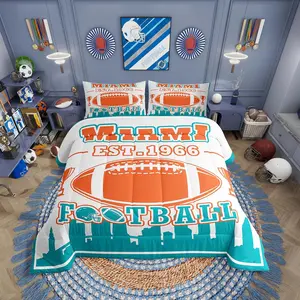 Football Comforter Set,Turquoise Football City Bedding for Sports Fans,Teal White Rugby Quilt,Ball Competition Duvet Insert,All Season(Miami)