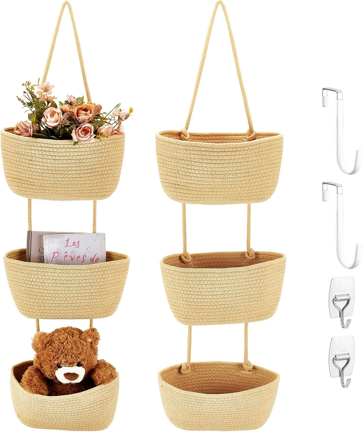 1/2 Pack Woven Cotton Hanging Basket 3-Tier Wall Baskets, Over the Door Hanging Basket with 4 Hooks Woven Storage Baskets Behind the Door for Nursery Bedroom   decor  Living Room Kitchen perfect gifts for family baby birthdaygifts