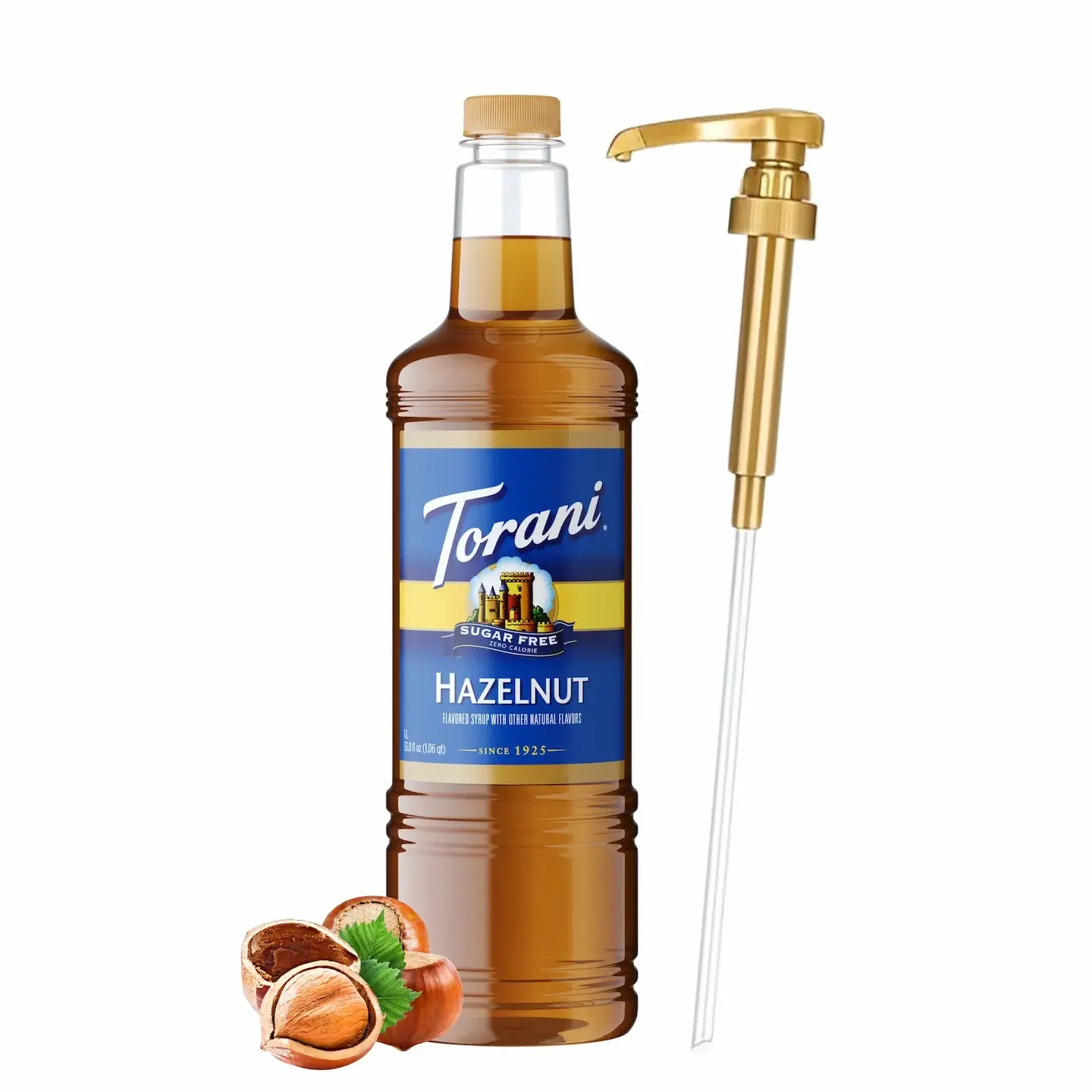 Torani Sugar Free Hazelnut Syrup, 1L Bottle with Pump, Sweet Caffeine-Free Beverage Syrup