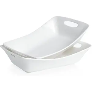 Large Serving with Handles, White Serving Dishes For Entertaining, 1.8 Quarts Porcelain Bowl Set for Turkey, Fruit, Salad, Rectangle Serving Platter for Parites, Thanksgiving, Set of 2
