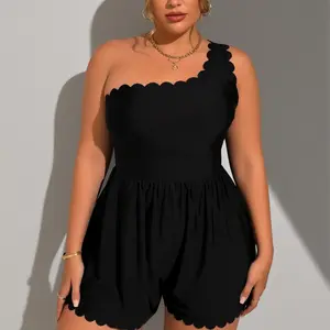 Plus Size One-Shoulder Scalloped Swim Romper, Tummy Control One-Piece Bathing Suit with Flowy Shorts, Textured Quick-Dry Swimwear with Removable Padded Cups, Modest Full-Coverage for Beach, Pool, Vacation & Cruise #SwimRomper