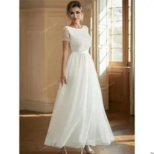 Sequin Contrast Short Neck Round Simple Wedding Dress For Bride Sleeve Mesh White Gown