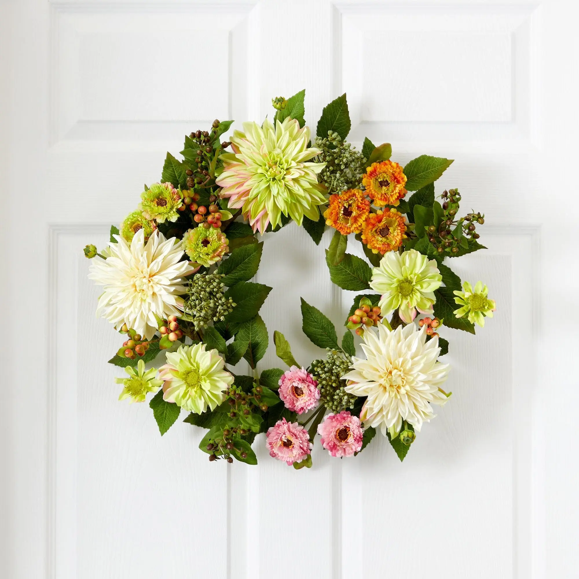 22 in Handcrafted Colorful Artificial Dahlia & Mum Wreath - Orange Accent Decorative Flowers Arrangement, Spring Vibe Entryway Decor, Home Supplies