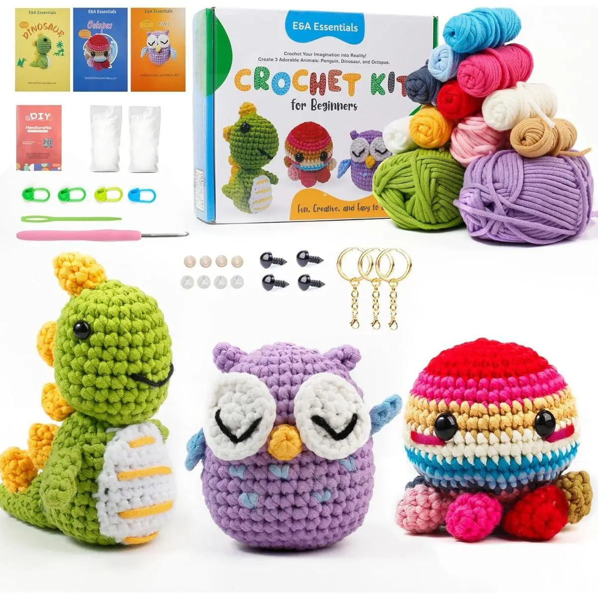 Crochet Kit for Beginners, Crochet Animal Kit with Video Tutorials & Soft Yarn, Craft Kits for Teens & Adults: Penguin, Dinosaur & Octopus Amigurumi Crochet Kit, Easy Knitting Kit, Crafts Crochet Kits