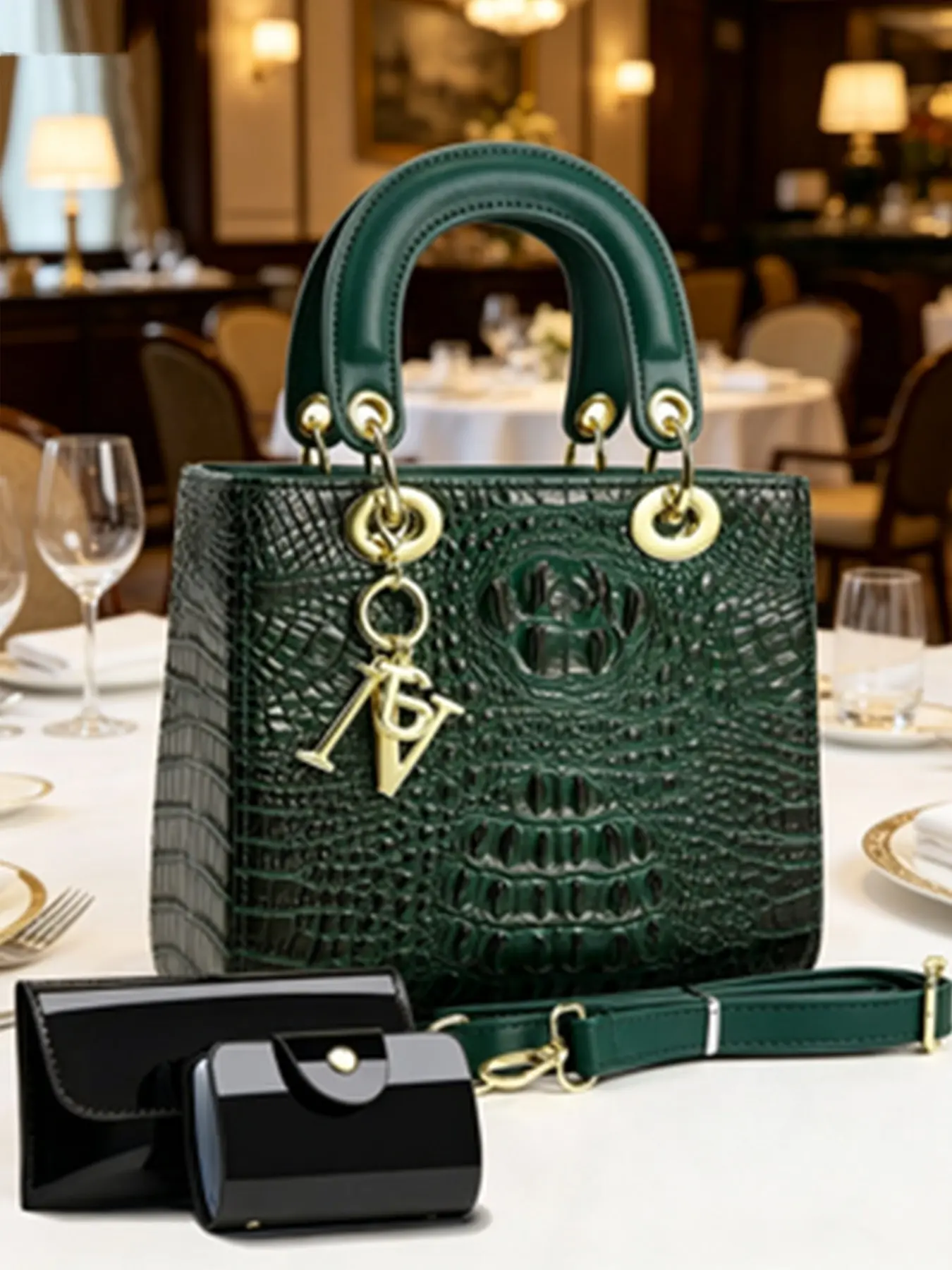 Luxury Alligator Pattern Small Square Bag Set, High-End Elegant Casual Handbag Shoulder Bag and Crossbody Purse, Versatile Large Capacity Women's Bag for Commute