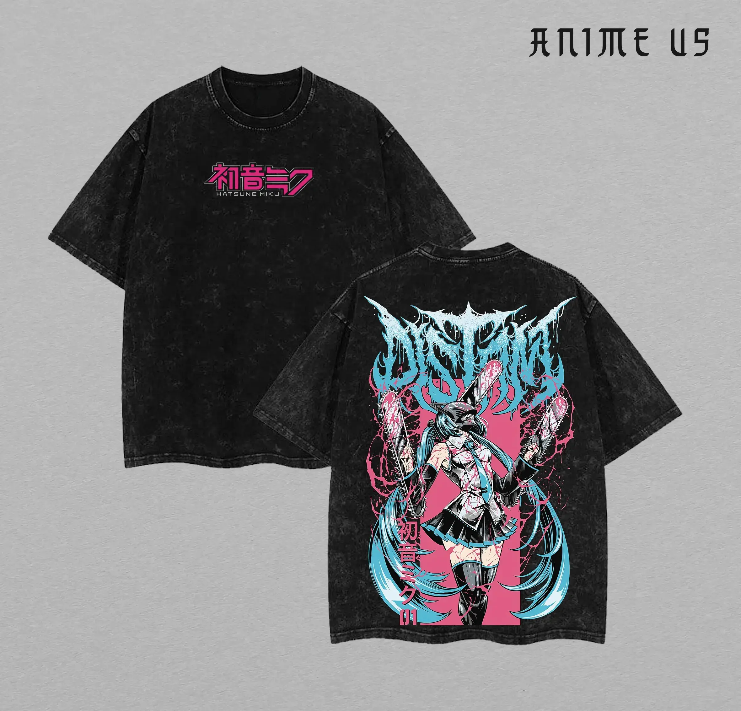 Streetwear Apparel: Unisex Oversized Vintage Washed T-shirt with Chainsaw Miku Graphic | Breathable Heavyweight Cotton, Classic Round Neck, Soft, Graphic Shirts, Anime Merchandise
