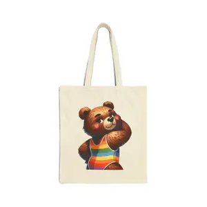 Rainbow Pride Tote Bag with Cute Bear - LGBTQ Gay Flag Cotton Shopping Bag - Gift for Gay Pride with Bear Design