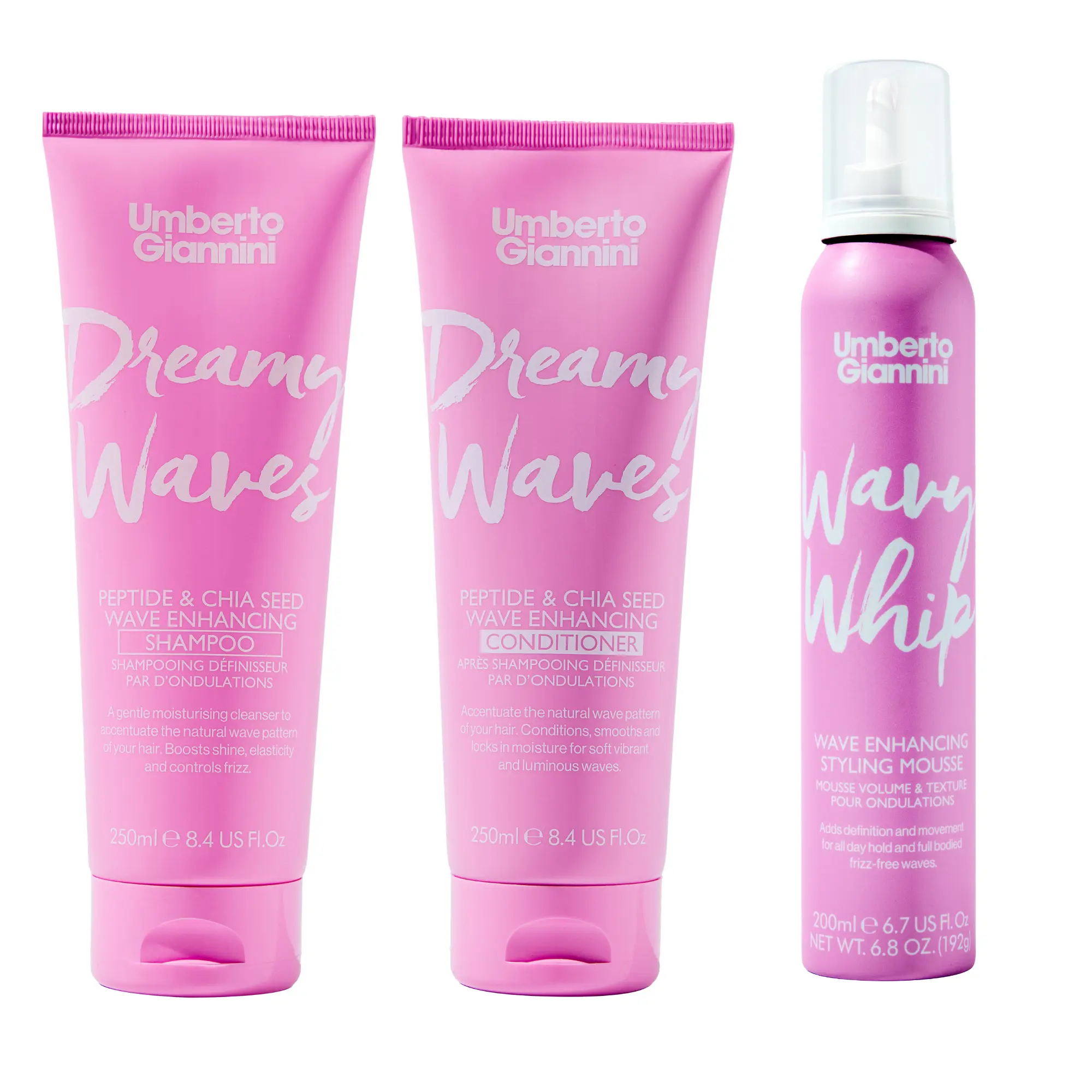 Umberto Giannini Dreamy Waves Wash & Style Trio - Shampoo, Conditioner & Wavy Whip Mousse for defining natural waves