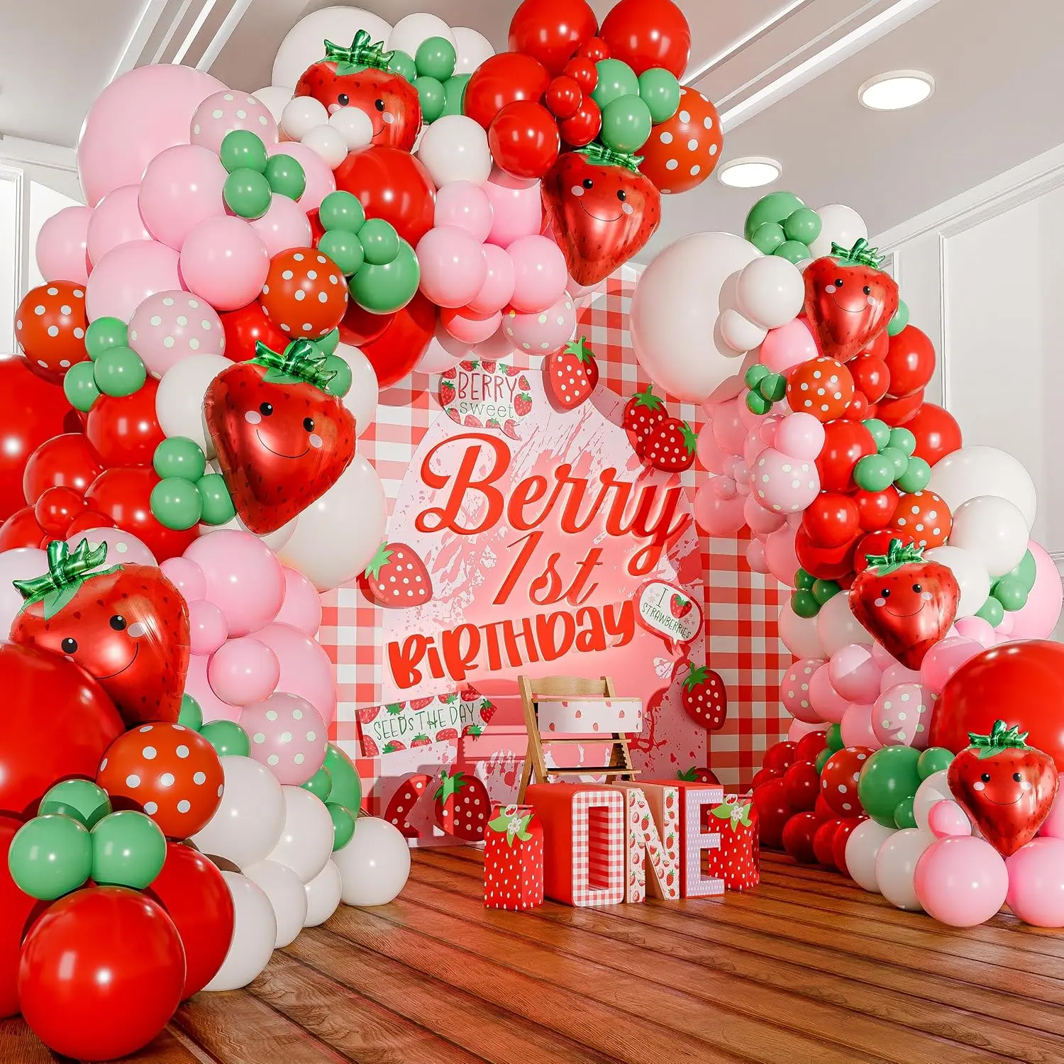 All-In-1 Strawberry Balloon Arch Kit & Garland With Bonus Strawberry – Small And Large Red Pink Green Strawberry Balloons – Strawberry Shortcake Party Decorations Supplies For Birthday & Baby Shower