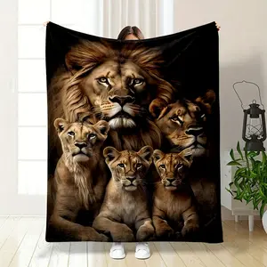 Majestic Lion Family Print Blanket This blanket features a complete lion pride including a majestic lion king, gentle lionesses and lively cubs. The image delicately restores the texture of the lion