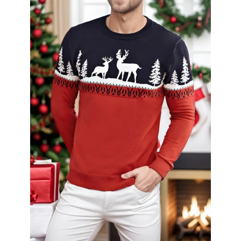 Men's Slim Fit Christmas Reindeer Knitwear Top - Long Sleeves, Round Neck, Glossy Texture Stretch Polyester Fabric, Festive Party Style, Hand Wash, 100% Polyester, Menswear, Tops