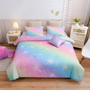 6 count Grdient Glitter Bedding Set for Girls  Size, Colorful Rinbow Glxy Comforter Set, Ultr Soft Bedding Sets, Pink
