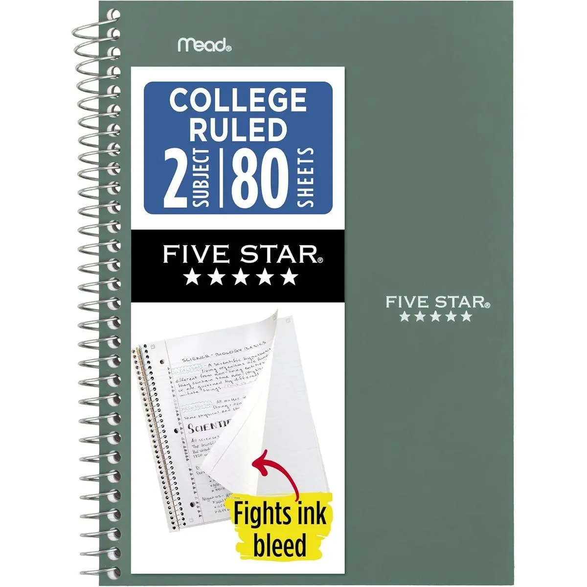 Spiral Notebook, 2 Subject, College Ruled Paper, 6" x 9-1/2", 80 Sheets, Fights Ink Bleed, Water Resistant Cover, Seaglass Green (840029CH1-ECM)