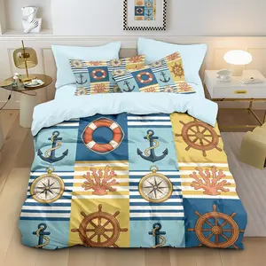 3-piece quilt cover set (1 quilt cover +2 pillowcases, coreless) Contrasting check pattern sailing wind boat anchor lifebuoy rudder compass coral stripe print soft and comfortable bedding, suitable for all rooms