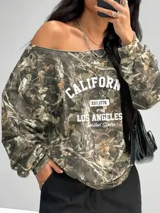 Letter print&full print tree branch graphics, women's casual commuting loose camouflage off shoulder top, fashionable print design is very suitable for party wear, comfortable top in spring and autumn, very suitable for leisure travel.