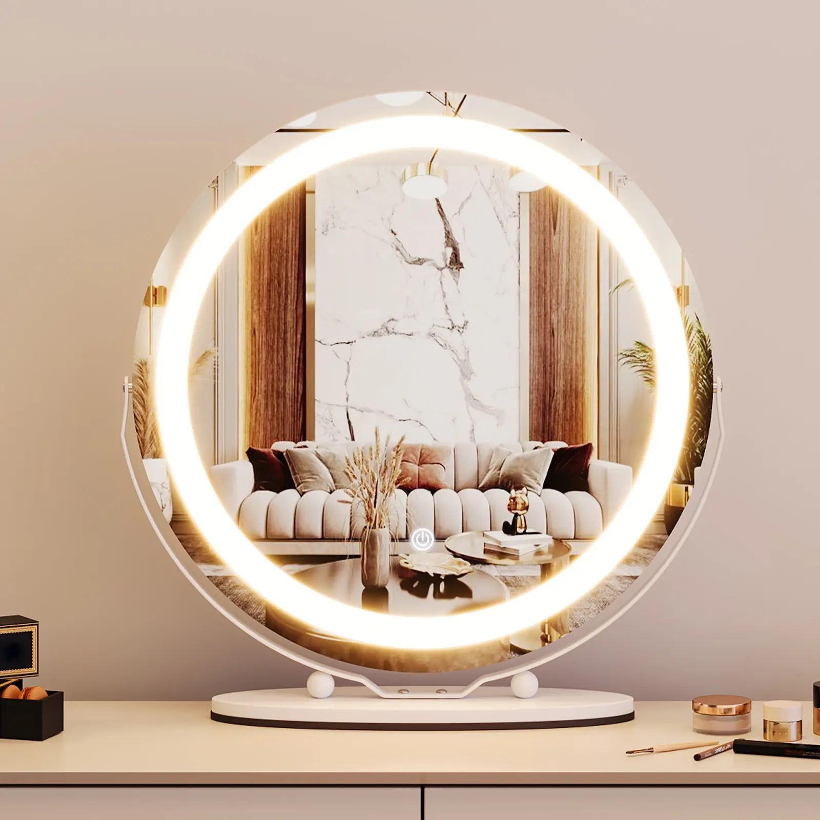 19" Round Vanity Mirror with Lights, 3 Color Dimmable Lighted Makeup Mirror, Smart Touch Circle Mirror with Light, 360° Rotation Desk Mirror for Makeup Desk