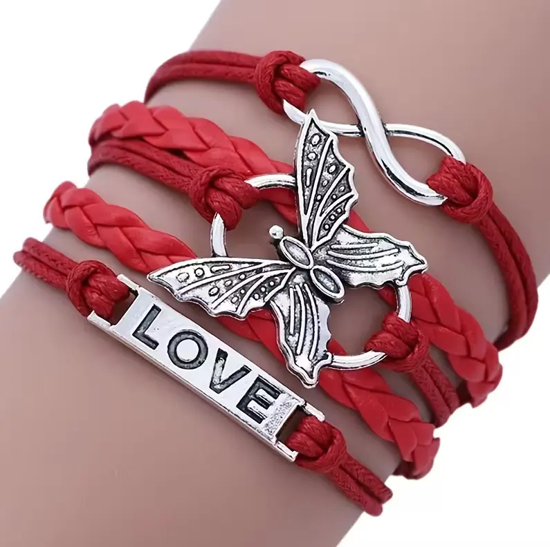 Little MingLou Unisex Twin Braided Fabric Bracelet-Bangle Set - Casual Boho Style, Adjustable Band, Silver-Tone Love Letter & Butterfly Animal Motif Charm for Teens & Adults, Character Charm Bracelets & Bangles