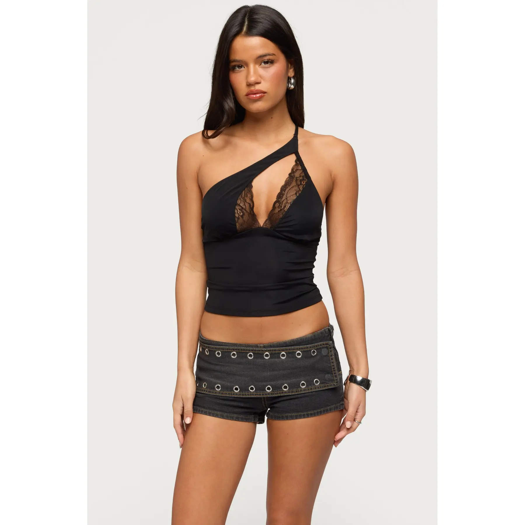 One Shoulder Peekaboo Lacey Cutout Top