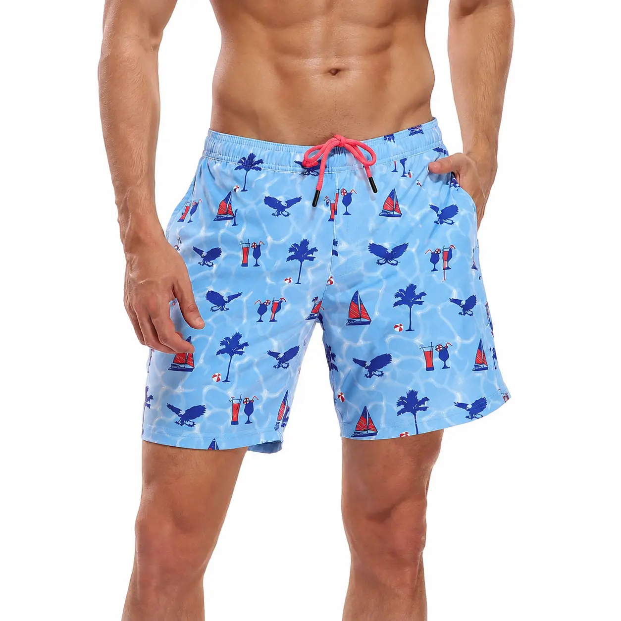Male Mid-Waist Swimming Shorts, Men's 7" Inseam Printed Quick-Dry Beach Trunks with Supportive Compression Liner, Secure Front Pockets & Adjustable Drawstring
