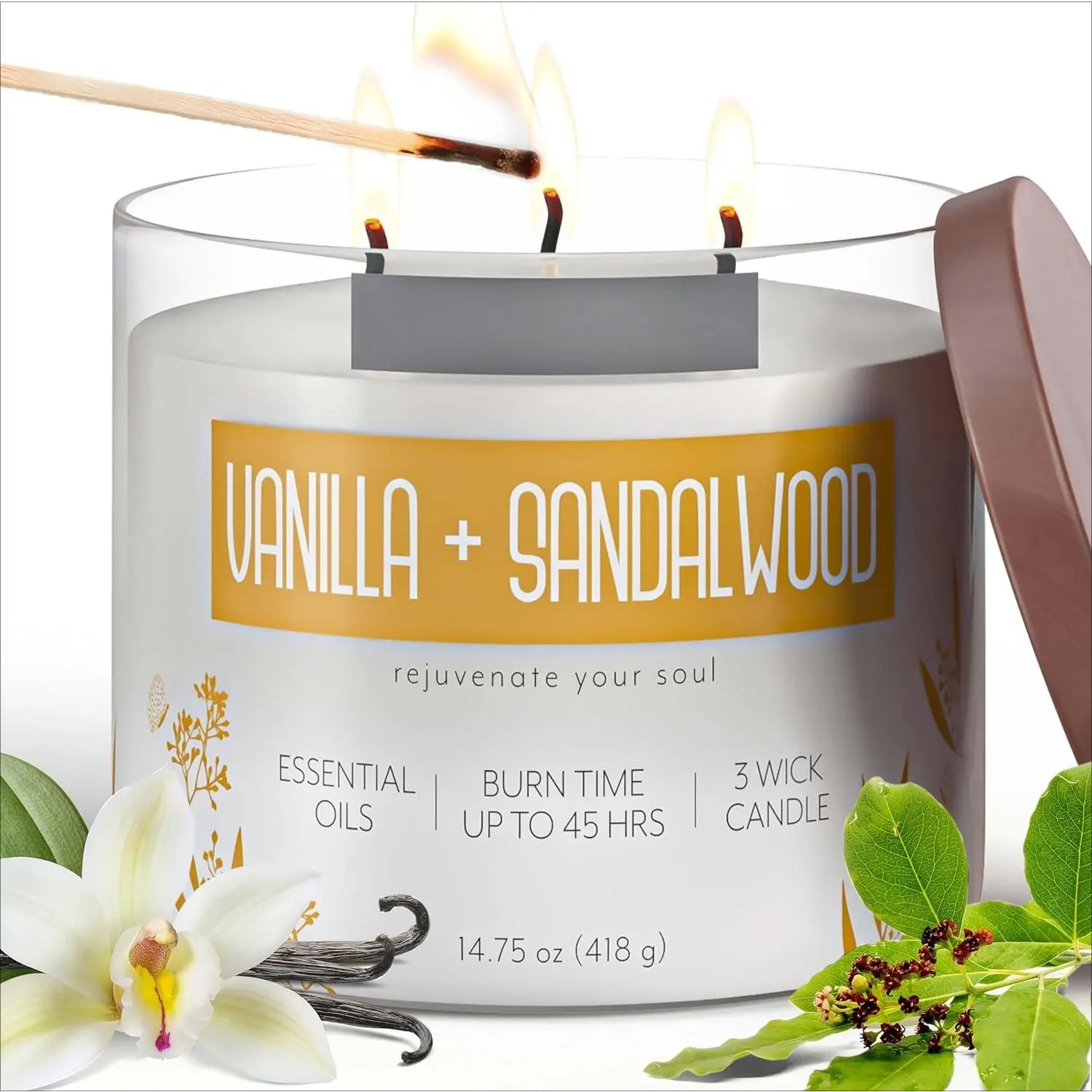 Essential Elements 3-Wick Aromatherapy Scented Candle - Vanilla & Sandalwood Scent, 14.75 oz Jar, USA-Poured, 45-Hour Burn Time, Relaxing Home Decor Accessory