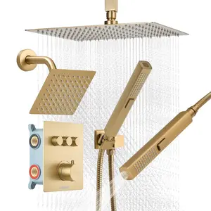 VEVOR Thermostatic Shower Faucet Set, 12 in Ceiling-Mount Rainfall Showerhead, 6 in Wall-Mount Head, 2-in-1 Handheld Spray, 3-Function Brass Valve Trim Kit, Brushed Gold